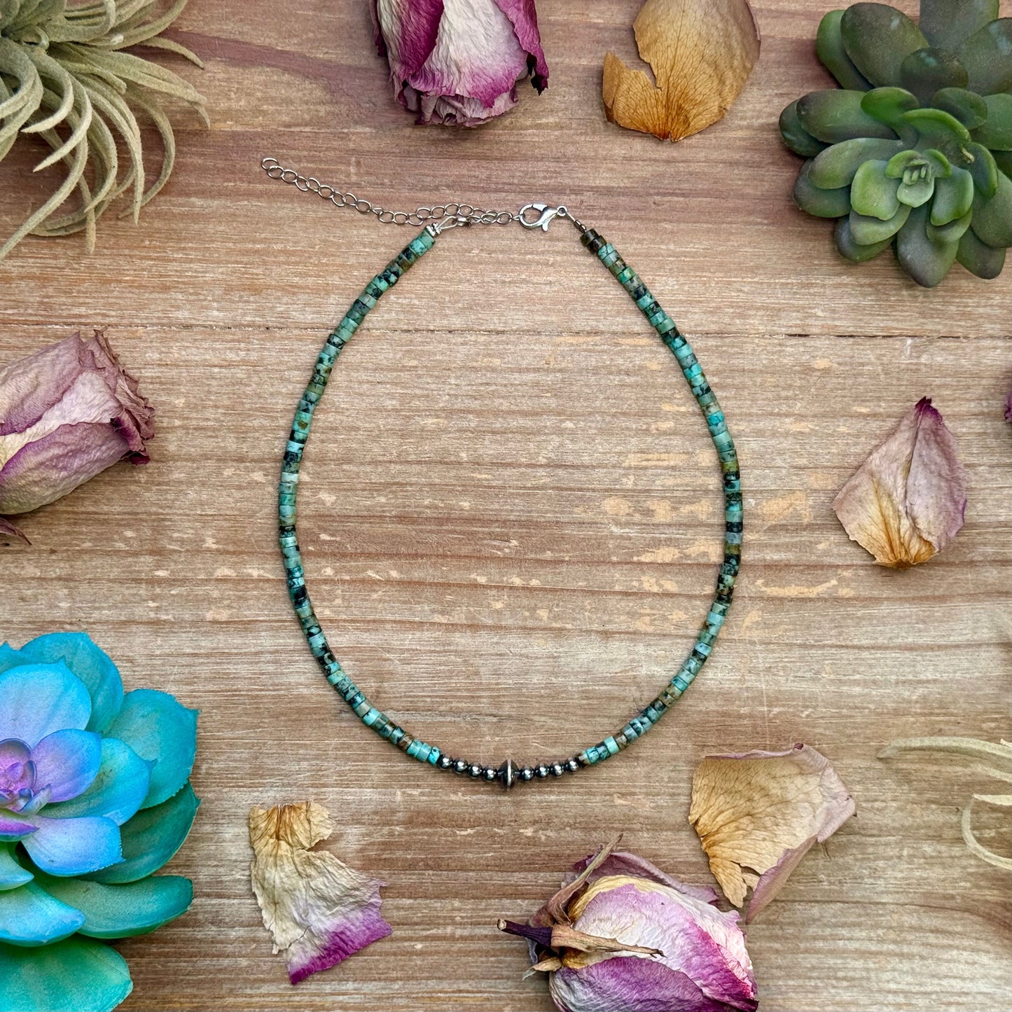 African Turquoise Heishi & Sterling Silver Pearl Necklace